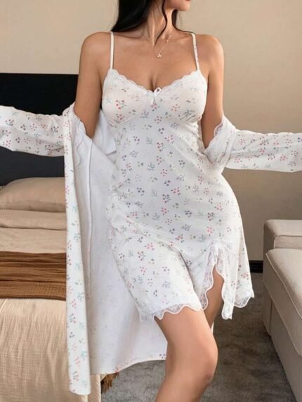 robe and nightgown set with a delicate floral print