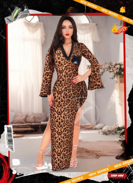 Tiger-themed long lingerie dress with wide sleeves